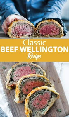 the beef wellington recipe is cut in half and ready to be served on a cutting board