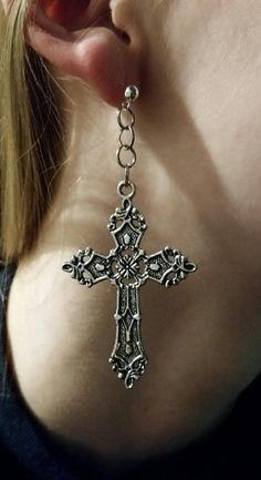 Silver Cross Earrings - Beautiful Large Dangling Jewelry - FREE US SHIPPING!! Silver Single Earring With Cross Pendant, Silver Single Cross Earring, Single Cross-shaped Silver Earring, Nickel-free Metal Cross Earrings, Metal Cross Pendant Earrings For Gift, Metal Cross Pendant Earrings As Gift, Cross Shaped Metal Earrings For Pierced Ears, Gothic Cross Jewelry With Pierced Details, Pierced Gothic Cross Jewelry