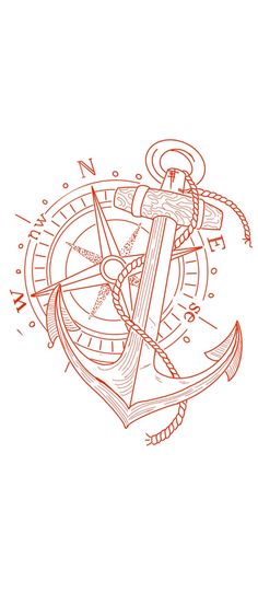 an anchor, compass and rope in the middle of a white sheet with red ink