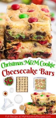 Christmas M&M Cookie Cheesecake Bars Christmas Dessert For Neighbors, Xmas Party Food Sweet Treats, Xmas Millionaire Cookie Bars, Christmas Desserts With M&ms, Cheesecake Cookies Christmas, Cookie Bar Desserts, M And M Cheesecake, Christmas Desserts 9x13 Pan, Christmas Desserts Cream Cheese