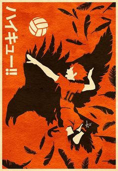 an orange and black poster with a woman playing volleyball in the air, surrounded by feathers