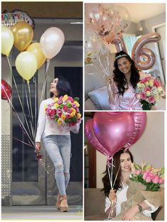 the woman is holding flowers and balloons in her hands