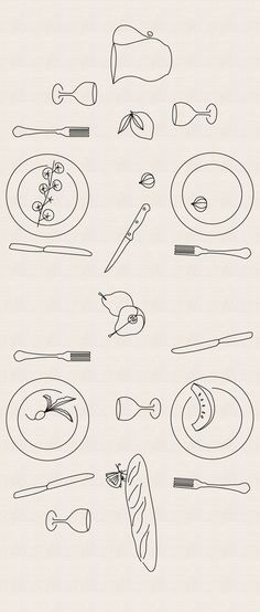 an image of a table setting with utensils and food on the plate line drawing