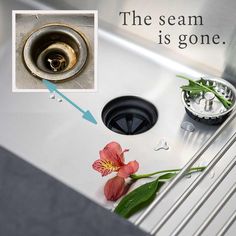 a sink with a flower on the side and an arrow pointing to it that says, the seam is gone