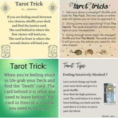 four different types of tarot tricks with pictures and captions in the bottom right corner