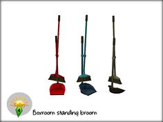 three shovels and two hats with the words broom standing brown on top of them