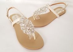 Ivory Bridal Sandals with sparkling crystal design. These wedding sandals are perfect for your Destination Wedding or a comfortable alternative for traditional brides wishing to be comfortable and stylish. These comfortable wedding sandals are vegan friendly. They are perfect for wearing at your reception so you can dance the night away in comfort! After the wedding wear them all summer long. Additional beach inspired items can be found in my shop http://www.etsy.com/shop/ABiddaBling Enjoy looki Stone Embellished Open Toe Sandals For Wedding, Beach Theme Wedding Favors, Hunter Green Wedding, Colorful Wedding Shoes, Beach Wedding Sandals, Beach Wedding Shoes, Ivory Wedding Shoes, Nice Sandals, Dressy Sandals