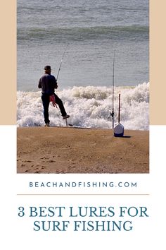 a man standing on top of a sandy beach next to the ocean with fishing poles