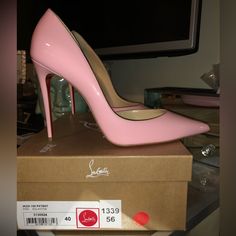 Brand New Never Worn In Box!! Limited Edition Valentines Day Collection 2023 Luxury Pink Heels With Sculpted Heel, Elegant Pink Heels With Reinforced Heel, Luxury Pink Patent Leather Heels, Pink Almond Toe Heels With Red Sole, Luxury Pink High Heels, Luxury Pink Heels For The Office, Luxury Pink Heels For Office, Pink Heels With Red Sole, Designer Pink Heels With 4-inch Heel