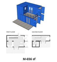 two blue shipping containers are shown with the floor plan and first floor area on each side