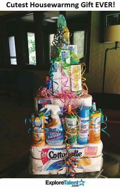 a large stack of diapers and bottles on a table