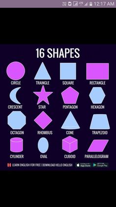 a purple and blue poster with different shapes on it's back side, including the text 16 shapes