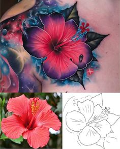 some flowers are on the back of a woman's shoulder and one is in color