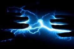 two hands touching each other in front of a blue background with lightning bolts on it