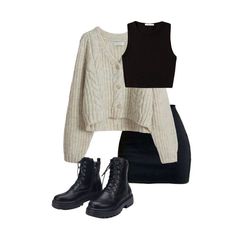 Black Skirt Combat Boots Outfit, Skirt With Combat Boots Outfit, Black Skirt Outfit Midsize, Short Skirt And Boots Outfit, Skirt Combat Boots Outfit, Black Top Outfit Ideas, Spring Outfits With Boots, Sweater With Skirt Outfit, Short Black Skirt Outfit