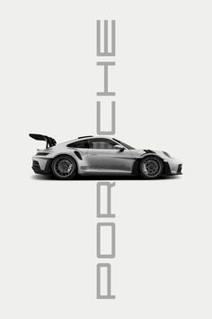 a car is shown in black and white with the word porsche on it's side