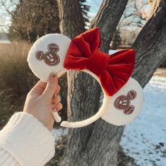 a person holding up a red and white minnie mouse ears