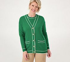 So fresh and fetching, this relaxed-fit cardi punches up any basic bottom with its twin tipped trim detail. Tie it around your shoulder for a throwback preppy look (and for unpredictable temps). From Isaac Mizrahi Live!TM. Green Spring Cardigan With Ribbed Cuffs, Casual Tops With Contrast Trim For Fall, Casual Sweater With Contrast Trim For Fall, Casual Fall Sweater With Contrast Trim, Casual Fall Cardigan With Striped Cuffs, Casual Winter Cardigan With Striped Cuffs, Casual Winter Sweater With Contrast Trim, Spring Preppy Workwear Sweater, Winter Cardigan With Contrast Trim For Work