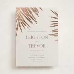 a wedding card with palm leaves on the front and back, printed in copper foil