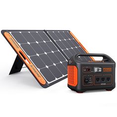 an orange and black portable solar power station next to it's charger on a white background