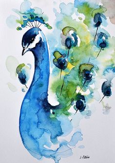 an image of a blue bird with flowers in it's beak and watercolors on paper