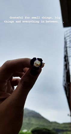 a person holding a tiny flower in their left hand with a quote on the background