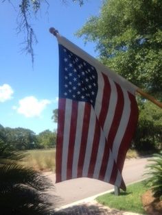 an american flag hanging from a tree outside