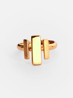 Elevate your daily style with this 24k gold plated ring, featuring a striking geometric design with both high polish and brushed matte finishes. The rectangular shapes add to the overall modern and structured look of the piece. Crafted from recycled brass, it combines sustainability with a sleek but simple art-deco style. Center Accent: 0.19in x 0.59in (5mm x 15mm) Side Accents: 0.11in x 0.39in (3mm x 10mm) Texture Practice, Bar Ring, Daily Style, Plated Ring, Gold Plated Rings, Simple Art, Pop Up Shop, Matte Gold, Deco Style