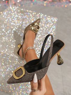 Elegantly Chic Diamond Buckle Pointed Toe High Heel Sandals Pointy Toe Flats, Open Toed Heels, Thick Heels, Slingback Sandal, Slingback Pump, Designer Heels