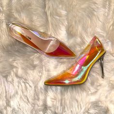 New Never Worn Clear Heels With Shades Of Hot Pink, Yellow And Orange. Super Cute And Comfortable. Heel Height Approx 4” Holographic Heels, Fashion Nova Shoes, Clear Heels, Shoes Women Heels, Fashion Nova, Pink And Orange, Hot Pink, Heel Height, Shoes Heels