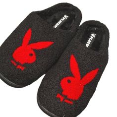 New Size:Large 11-12 See More Playboy In My Closet Playboy Logo, Plush Slippers, Bunny Plush, Slip Ons, Loafer Shoes, Black Red, See More, Men's Shoes, Black And Red