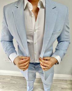 Here I'm selling a 2 piece linen suit which consists of a Jacket (Coat) and a pair of trousers (pants). The Light blue is a baby blue which is perfect for outdoor, beach, destination or Mediterranean weddings or office attire. The colour blue is a must for any summer wardrobe.  I treat each part individually, so any part which needs an exchange is done separately, you dont need to send the full suit back. I stock all sizes so once the original is back with me I release the new size the same day, Mens Suits Light Blue, Light Coloured Suits Men, Powder Blue Suit Wedding, Dusty Blue Suit Wedding, Pale Blue Suit Mens, Beach Wedding Suits For Men Blue, Light Blue Groom Suit Wedding, Dusty Blue Suits Groomsmen, Cream And Light Blue Wedding