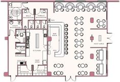 a floor plan for a restaurant with tables and chairs in the center, seating areas on each side