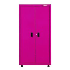 a pink metal cabinet with two doors