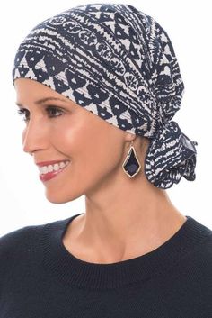 Easy On Scarf | Navy Batik | Luxury Bamboo - Navy Batik Bamboo Fabric, Head Covering, Head Scarf, Batik, Navy, Hair