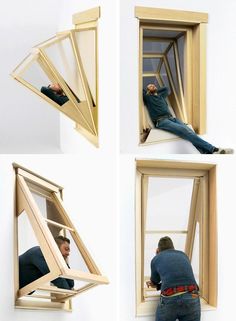 four different views of a man sitting in a window with his head inside the window