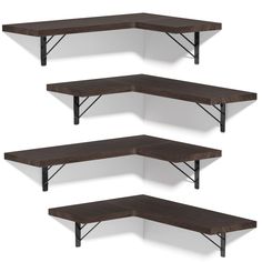 three wooden shelves with metal brackets on each shelf