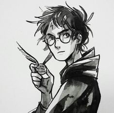 a black and white drawing of harry potter holding a wand