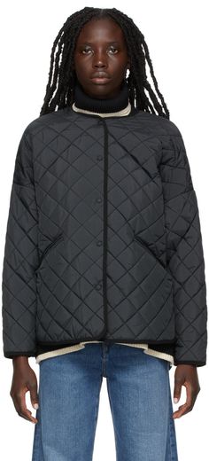 Long sleeve insulated quilted satin jacket in black. Supplier color: Black Black Quilted Puffer Jacket For Winter, Black Quilted Outerwear For Cold Weather, Black Quilted Puffer Jacket For Fall, Fall Black Quilted Jacket With Padded Collar, Black Quilted Outerwear For Work, Black Puffer Quilted Jacket For Cold Weather, Black Quilted Puffer Jacket For Cold Weather, Black Quilted Jacket, Knitted Swimsuit