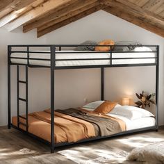 a bunk bed in a room with wooden floors and beams on the ceiling is made of wood planks