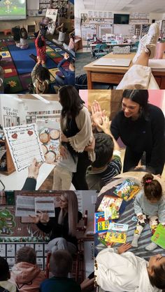 a collage of photos with children and adults in the classroom, including an adult teaching