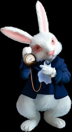 a white rabbit in a blue suit with a clock on its lap, holding a cell phone