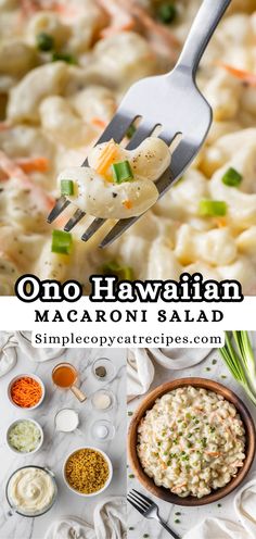 one hawaiian macaroni salad in a bowl with a fork sticking out of it