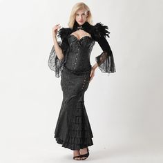 Steampunk costume: bewitch your audience with this elegant black mermaid costume! Steampunk costume for women This costume includes: skirt + dress + jacket Decoration: feathers Material composition: brocade + flannel + lace Feature: front steel busk closure, 10 plastic bones, back ribbon lacing Body Shaping Opt for uniqueness with our Steampunk Attire, a fusion of vintage style and modern design. Transport yourself to the plague era with our Deluxe Plague Doctor Costume, a unique blend of histor Steampunk Corset Dress For Halloween Party, Steampunk Black Corset Dress For Costume, Fitted Gothic Costume With Ruffles, Gothic Fitted Costumes, Black Steampunk Corset Dress For Fantasy Events, Fitted Black Gothic Costume, Black Fitted Gothic Costume, Gothic Ruffled Costumes For Parties, Black Overbust Costume For Party