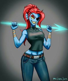 an image of a woman with red hair and blue skin holding a light saber in her hand