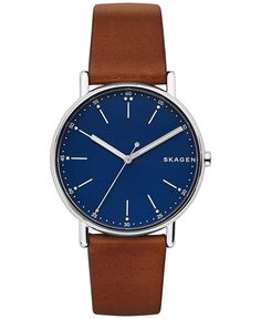 Skagen Men's Signature Brown Leather Strap Watch 40mm SKW6355 Classic Leather Watches For Everyday, Classic Everyday Leather Watch, Leather Watches With Round Dial, Everyday Leather Watches With Metal Dial, Leather Watches With Leather Strap, Leather Watches With Metal Dial For Everyday Wear, Everyday Leather Watch With Metal Dial, Modern Leather Analog Watch, Leather Watch With Round Analog Dial