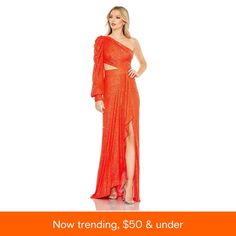 in stock Feminine Wedding, Mac Duggal Dresses, One Shoulder Gown, Tangerine Orange, Side Cuts, Mac Duggal, Bishop Sleeve, Mesh Overlay, Shoulder Cut