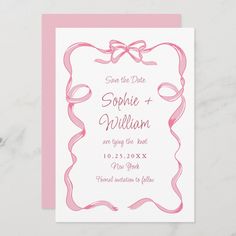 a pink wedding save the date card with ribbon and bow on it, sitting on a marble surface