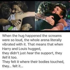 two pictures with the same person hugging each other and texting that reads, when the hug happened the streams were so loud, the whole arena literally vibraated