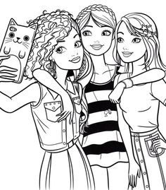 three girls and a cat are standing together in black and white coloring pages for kids